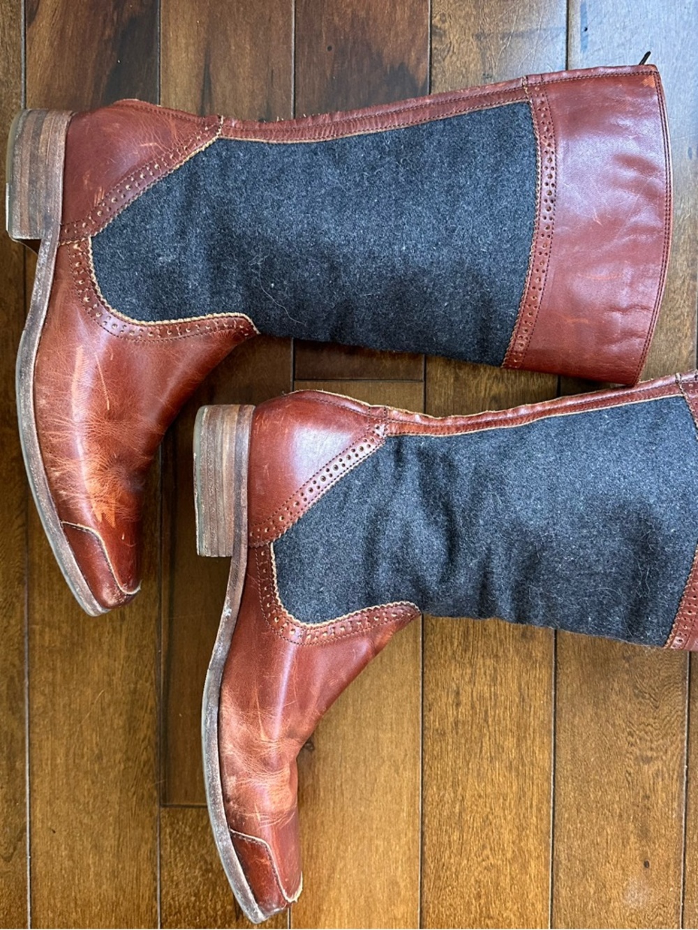 Wolverine Tall, Two-Tone, Brown Leather, and Grey Wool Riding Boots, Women’s 9 - Picture 8 of 14